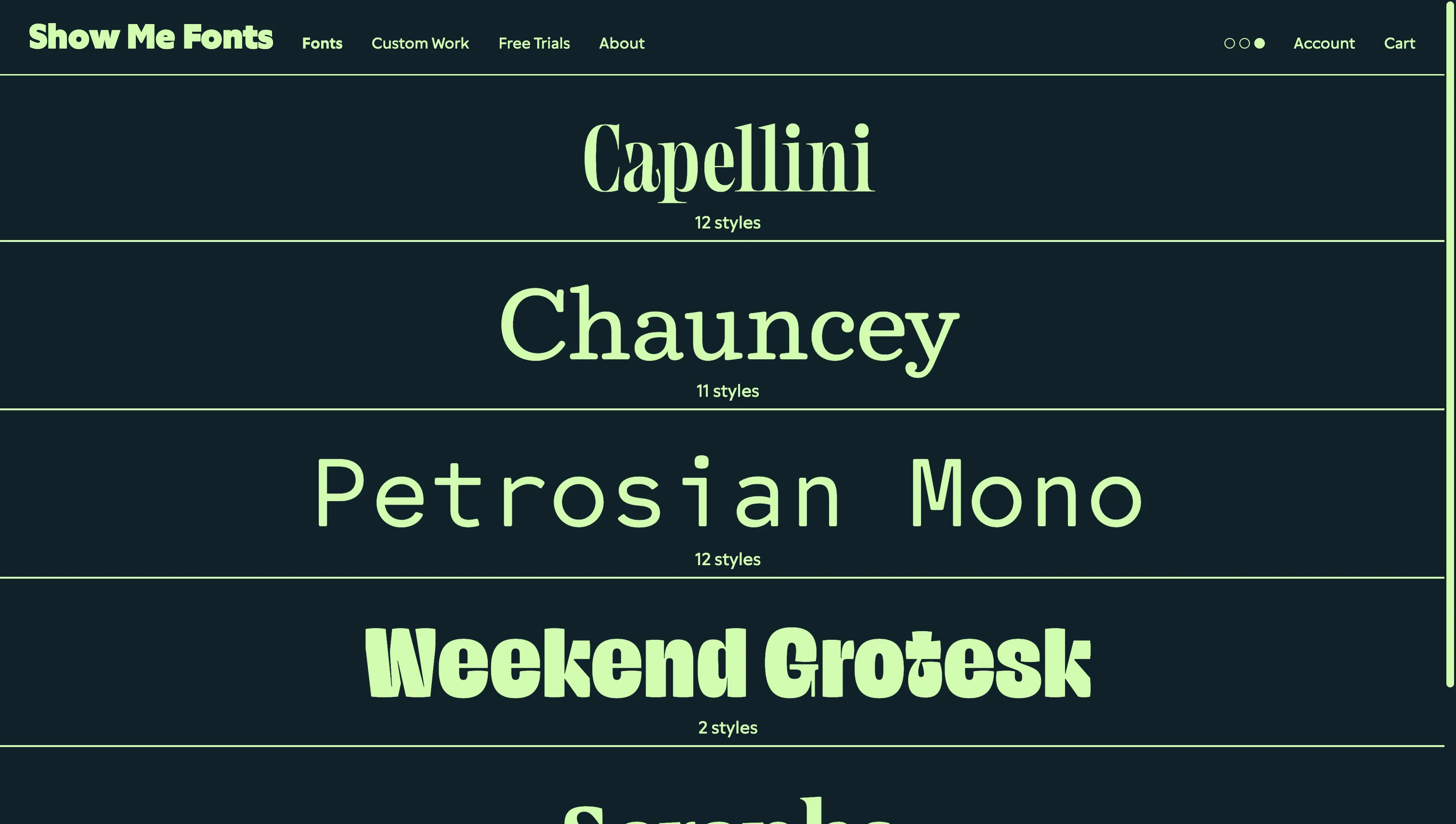 Screenshot of the typefaces index page
